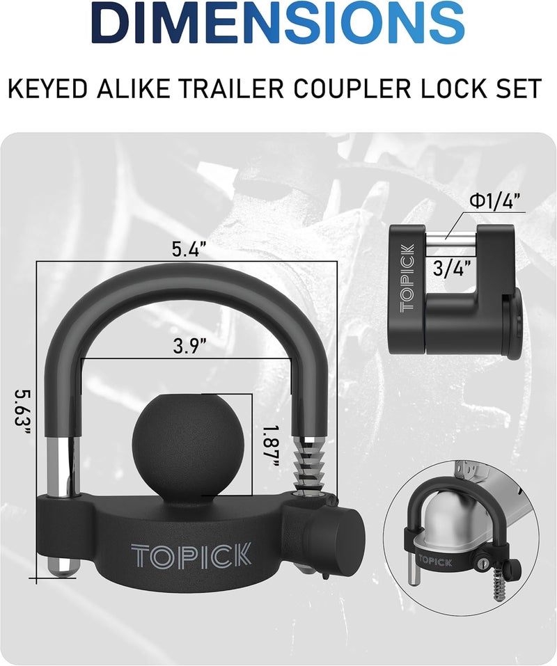 Topick Keyed Alike Trailer Coupler Lock Set, Trailer Lock Kit Include Universal Trailer Hitch Lock & Coupler Latch Lock, Heavy-Duty Anti-Theft Protection for 1-7/8", 2", 2-5/16" Couplers, All Black - Image 2